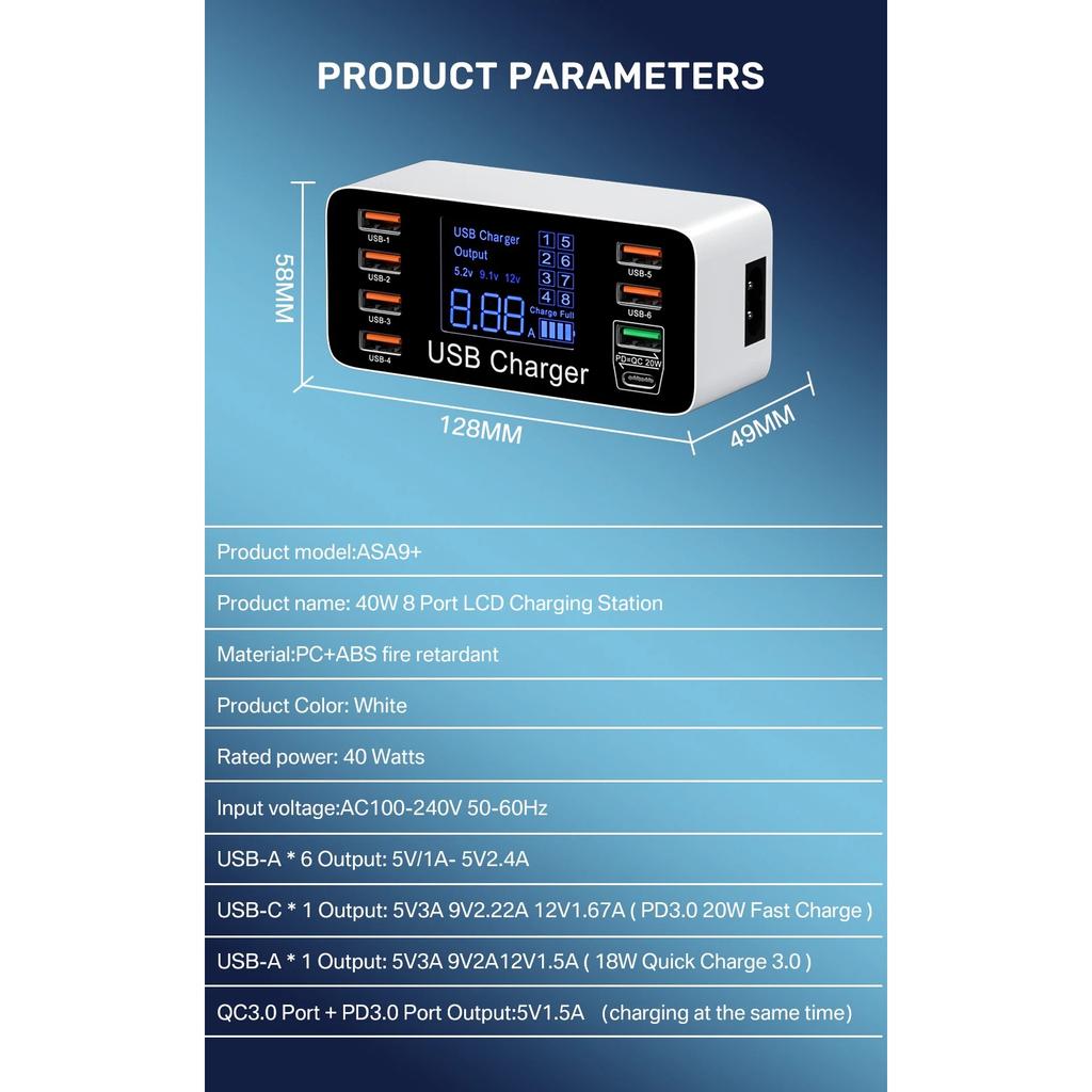 8 портов быстрой зарядки USB зарядное устройство QC3.0 быстрая зарядка тип C интеллектуальная зарядная станция ЖК-цифровой дисплей USB мультипорт для телефона