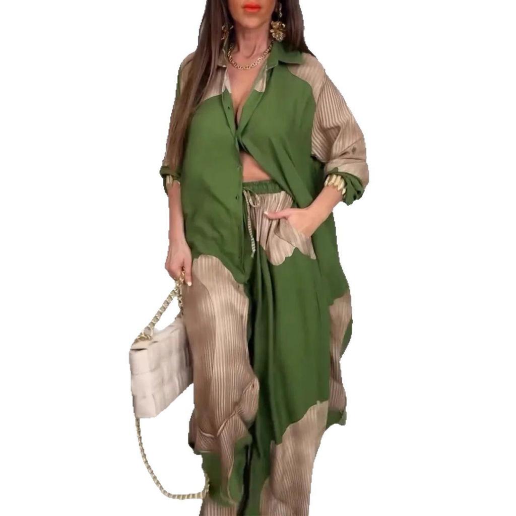 Женский комплект из длинной рубашки свободного кроя и брюк широкого кроя, повседневный костюм-двойка, бежевый с серым узором