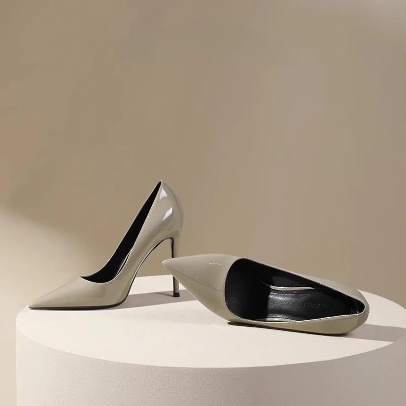 Модные остроносые туфли на высоком каблуке женские весенние новые серые элегантные юбочные на тонком каблуке профессиональные для работы кожаные с неглубоким вырезом