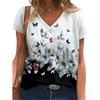 3D Digital Printed Tee Short Sleeved V-neck Floral Top Vintage Loose Fitting Women's T-shirt