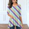 Women Spring O Neck Colorful Stripes Print Tops Fashion Long-sleeved Irregular Hem T-shirt Tops