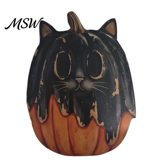 Three-dimensional Layered Painting Ornaments Halloween Wooden Ornaments, Distressed Pumpkin/Cat Decorations, Desktop & Wall Durable Wood Tabletop Art
