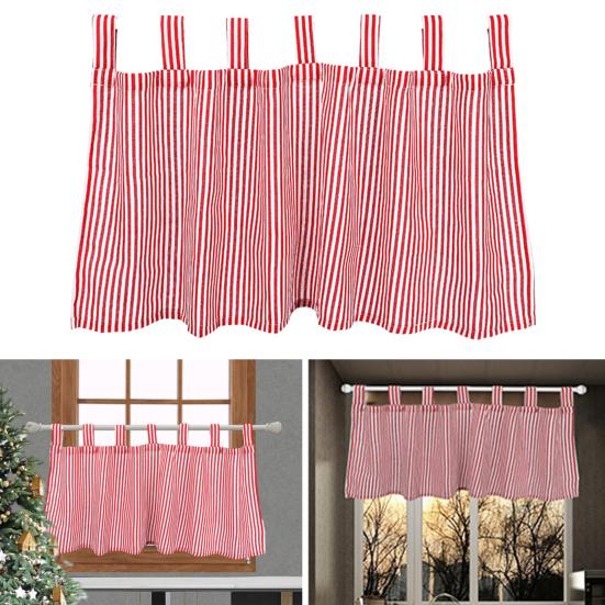 Short Window Curtain Valance Contrast Color Striped Print Sunshade Through-Rod Design Christmas Style Kitchen Bathroom Cafe Decor Curtain
