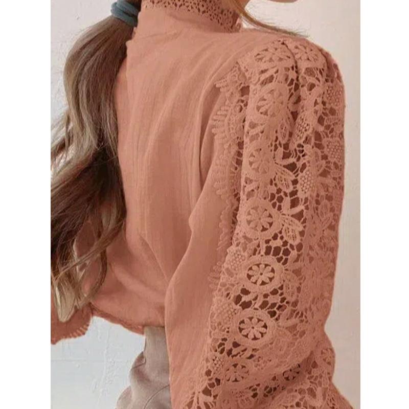 Роскошная женская кружевная блуза с высоким воротником и пуговицами из искусственного жемчуга