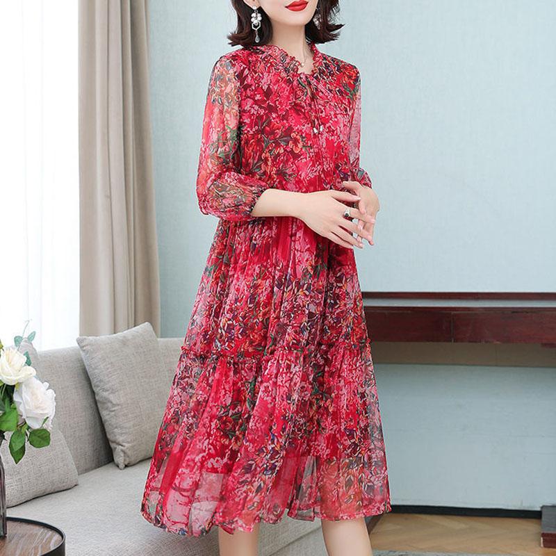 Женское летнее шифоновое платье больших размеров с принтом, свободное сетчатое платье трапециевидной формы