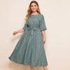 Spring Summer Plus Size Women O Neck Short Sleeve A Line Printed Belt Long Dresses L-4XL