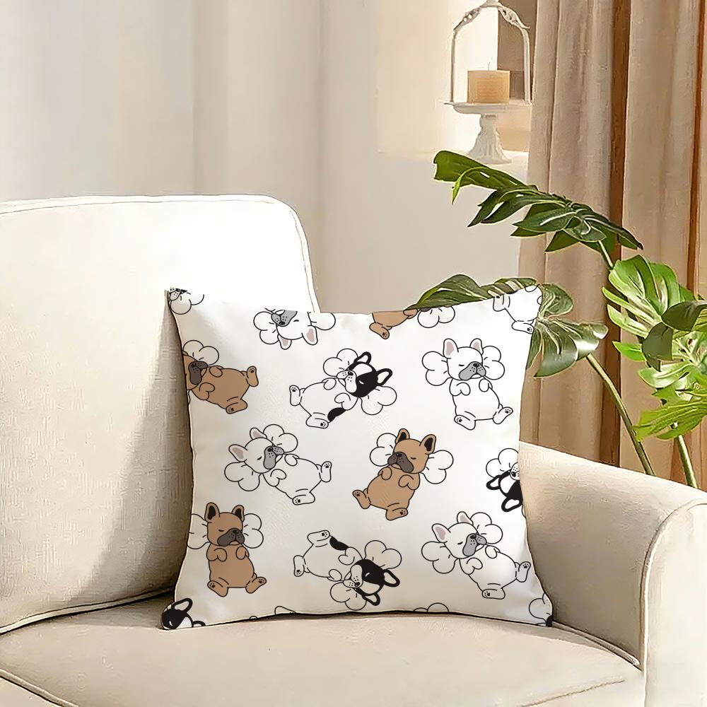 Cartoon French Bulldog Pattern Cushion Cover Reversible Plush Pillow Cover Soft Fluffy Home Decor for Sofa Bedroom