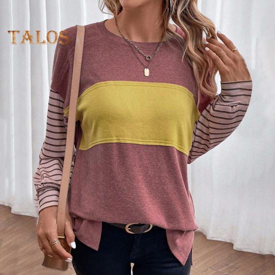 Женская футболка с круглым вырезом и длинным рукавом в полоску контрастного цвета свободного кроя, эластичная дышащая футболка-пуловер