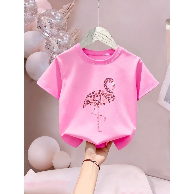 European sizes 'Love Flamingo' Valentine'S Day Happy Letter/Cartoon Print, Girls' Clothing Short Sleeve T-Shirt And Cool Breathable for Summer Wear