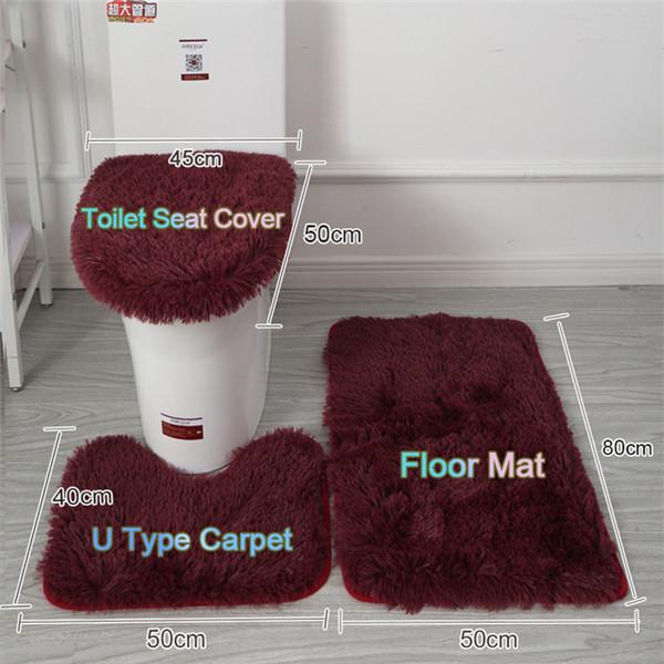 3 Pcs/set of Solid Color Bathroom Mat Set Fluffy Bristles Bath Blanket Modern Toilet Cover Blanket Set Rectangle