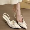 Spring and Summer Popular Temperament Pointed High Heels Wrinkled Bag Head Empty Sandals Women's Gentle Bow Fairy High Heels