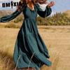 Women's Fashion Spring Autumn Solid Color Print Long Sleeve V-Neck High Waist Casual Dresses