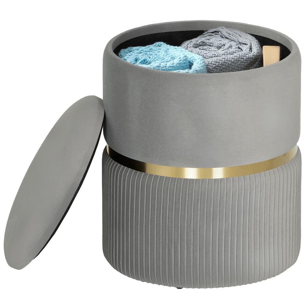 Round Storage Stool, Velvet-Covered Stool with Removable Lid, Padded Seat and Hidden Storage, Light Grey