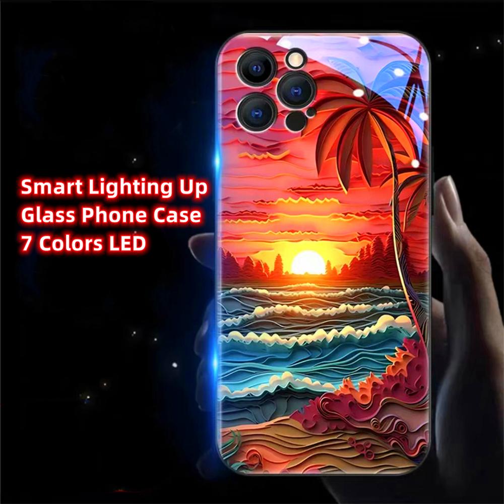 Luminous Phone Case Meteor Beach Luminous Glass LED Call Flash Phone Protective Case Suitable for IPhone