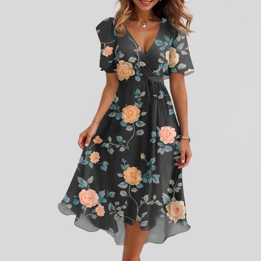 Женское свободное повседневное платье с V-образным вырезом, расклешенная юбка, короткие рукава, напечатанное платье с принтом