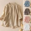 Women Shirt Stand Collar Half Sleeve Buttons Placket Shirt Tops Solid Color