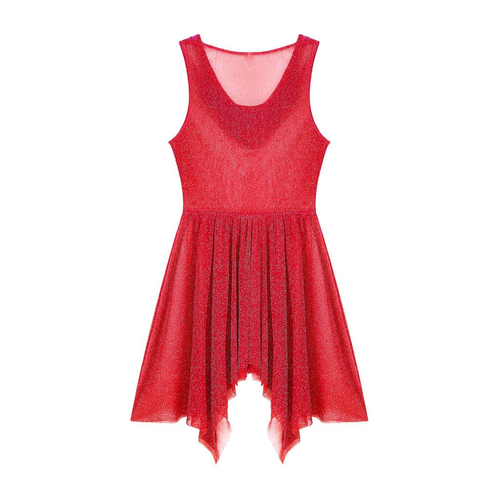 Женское блестящее танцевальное платье без рукавов, прозрачное асимметричное подол, лирические платья, танцевальная одежда