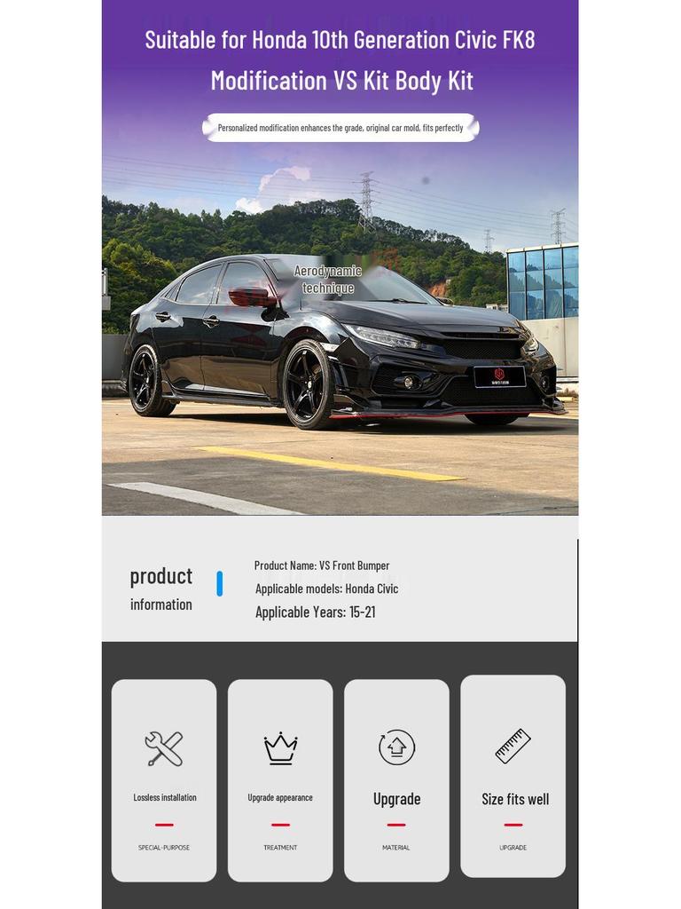 Полный боди-кит VS Style для Honda Civic FK8 Десятого Поколения (2015-2021): Губа переднего бампера, Пороги, Угловые накладки