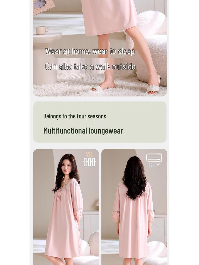 Женская легкая модальная хлопковая ночная сорочка средней длины, больших размеров, для весны и осени.