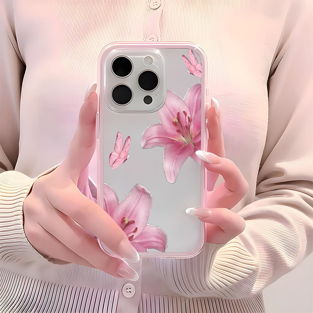 Романтичный Розовый Лилия Прозрачный Чехол Для Телефона Для iPhone 11 12 13 14 15 16 17 Pro Max 17 Air Plus 2 в 1 Конфетный Цвет Силиконовый Мягкий Чехол