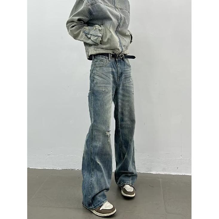 Осень и зима Новые американские джинсы High Street Washed Light Color для мужчин и женщин Прямые слегка расклешенные свободные широкие брюки