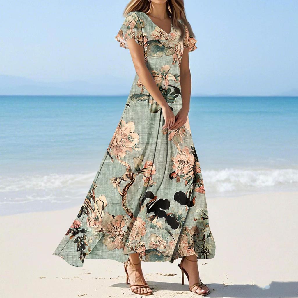 Женские повседневные модные длинные платья с принтом, платья с V-образным вырезом и коротким рукавом