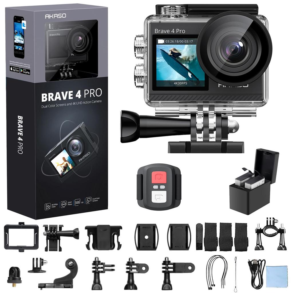 AKASO Brave 4 Pro Экшн-камера 4K 40M с пультом 5X и носимым креплением, 20 Мп, WiFi, Стабилизация изображения, Подводная, Водонепроницаемая, Управление/Микрофон, Зум, (черный)