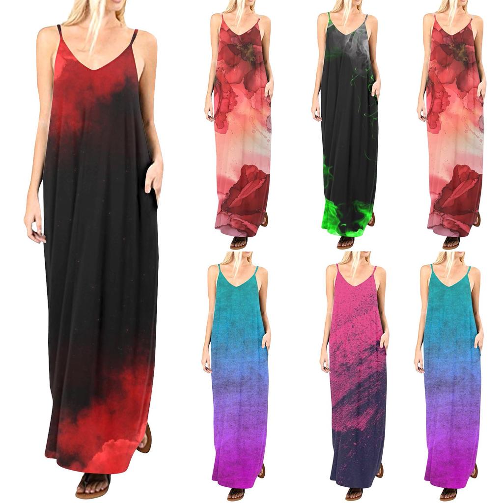 Женский летний сарафан с длинными тонкими бретелями без рукавов и цветочным принтом, повседневное длинное женское платье макси