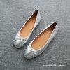 Новые супермягкие туфли из коровьей кожи с квадратным носком и плоским носком, женские туфли золотисто-серебряного цвета, балетки с бантом