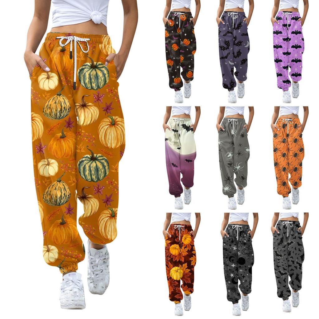 Women's Casual Fashion Halloween Printed Leisure Pants Sweatpants Trousers Drawstring Elastic Waist Drawstring Drawstring Pants