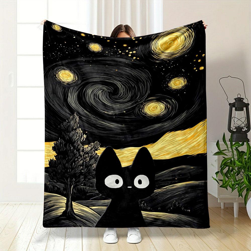 Swirling Starry Night Pattern with a Black Cat Silhouette In the Foreground. for All Seasons Blanket Lunch Break Throw Gift