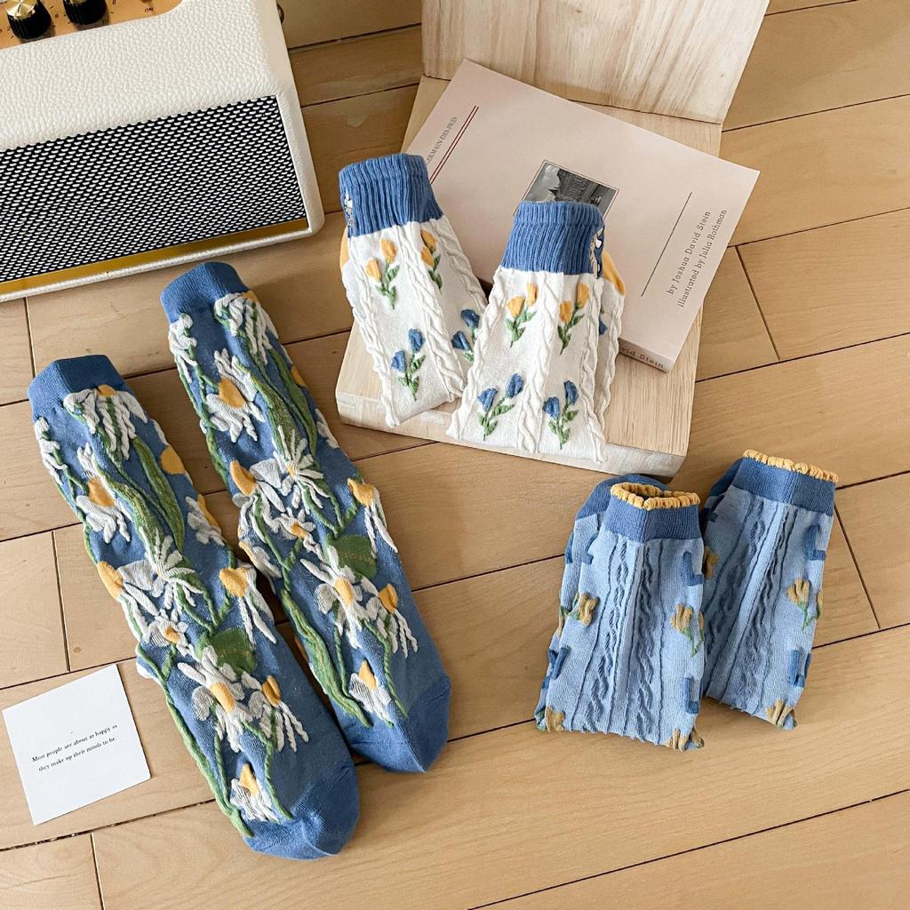 Синие носки с цветочным принтом, винтажные длинные носки, женские японские модные уличные носки в стиле Харадзюку в стиле ретро, ​​милые милые носки для девочек Kawaii