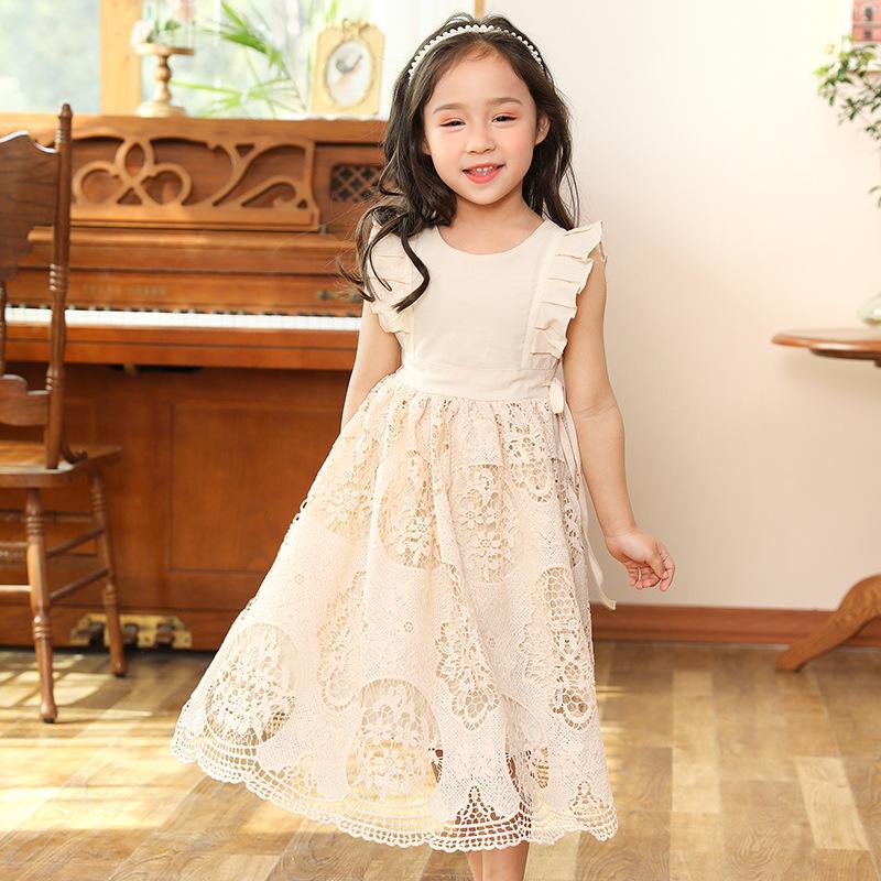 Хлопково-льняное кружевное платье для девочек, летние бежевые платья без рукавов для детей, повседневная модная одежда принцессы для детей 3-12 лет