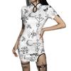 Gothic Floral Print Dress White Short Sleeve High Waist Bodycon Mini Dresses