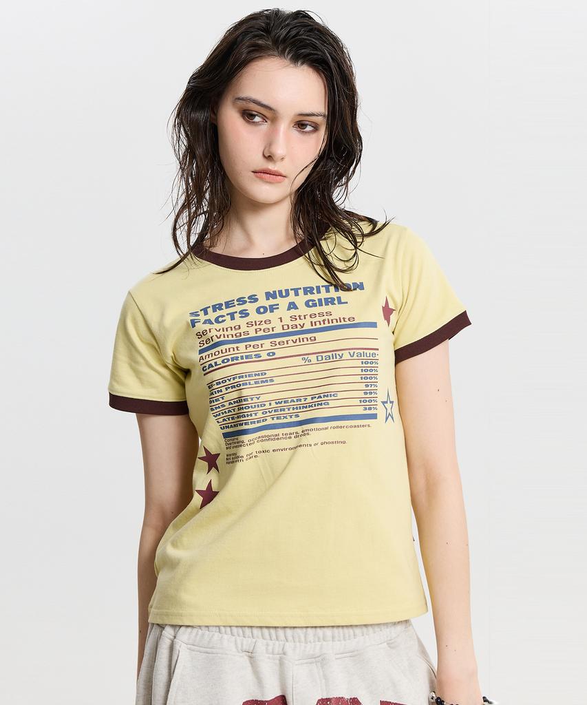 HOODHOOD Girl Stress Nutrition Ringer Short Sleeve T-Shirt Light Yellow