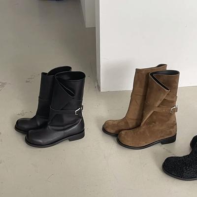 Корейские нишевые складные сапоги-трубы средней ширины, сапоги ковбойского стиля, женские осенне-зимние сапоги на толстом каблуке с круглым носком и ремешком с пряжкой, ботинки Мартин