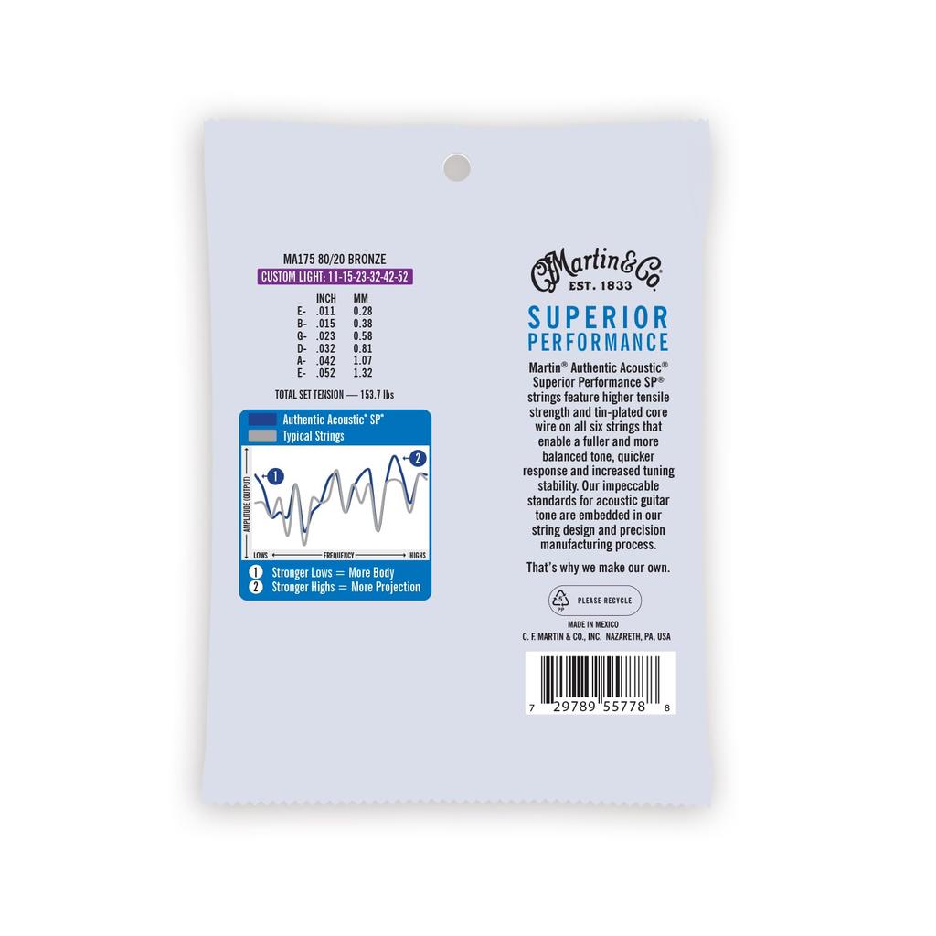 Струны для акустической гитары MARTIN AUTHENTIC ACOUSTIC Superior Performance MA175 Custom Light .011-.052