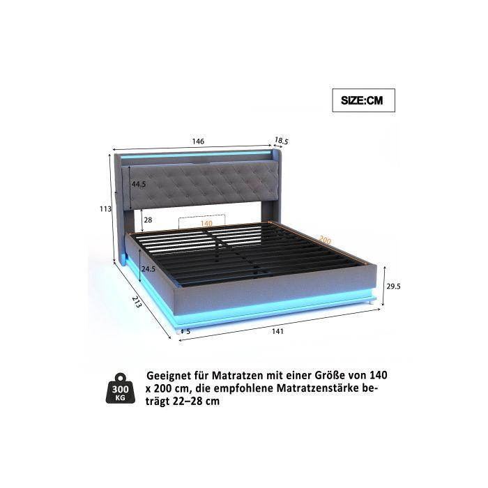 Светодиодный - MUVOE - 140x200 см - Серая льняная ткань - USB-зарядка - Гидравлический подъемный механизм