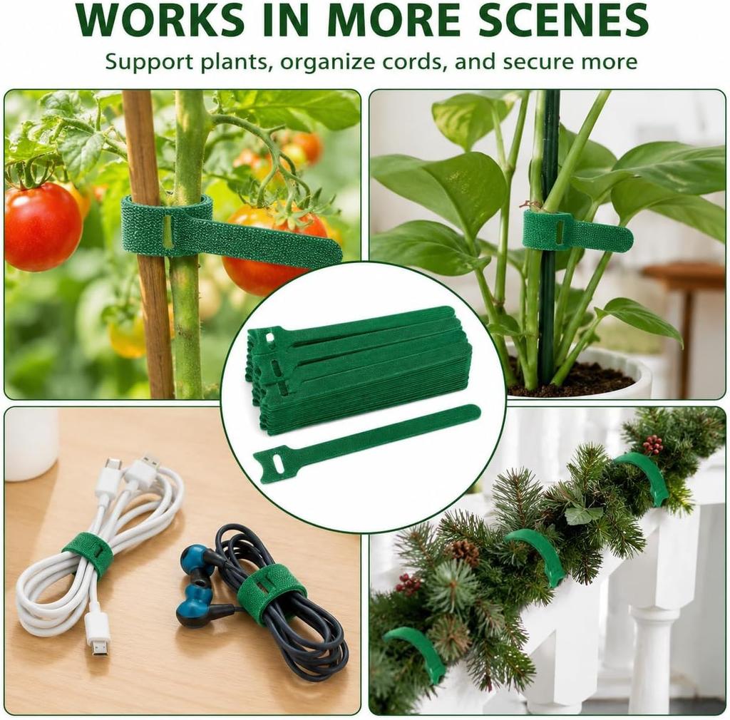 100PCS Garden Plant Ties with Hook & Loop - Reusable Adjustable Nylon Straps for Vines, Tomatoes, Stems, and Plant Support, Secure Non-Slip Fastening
