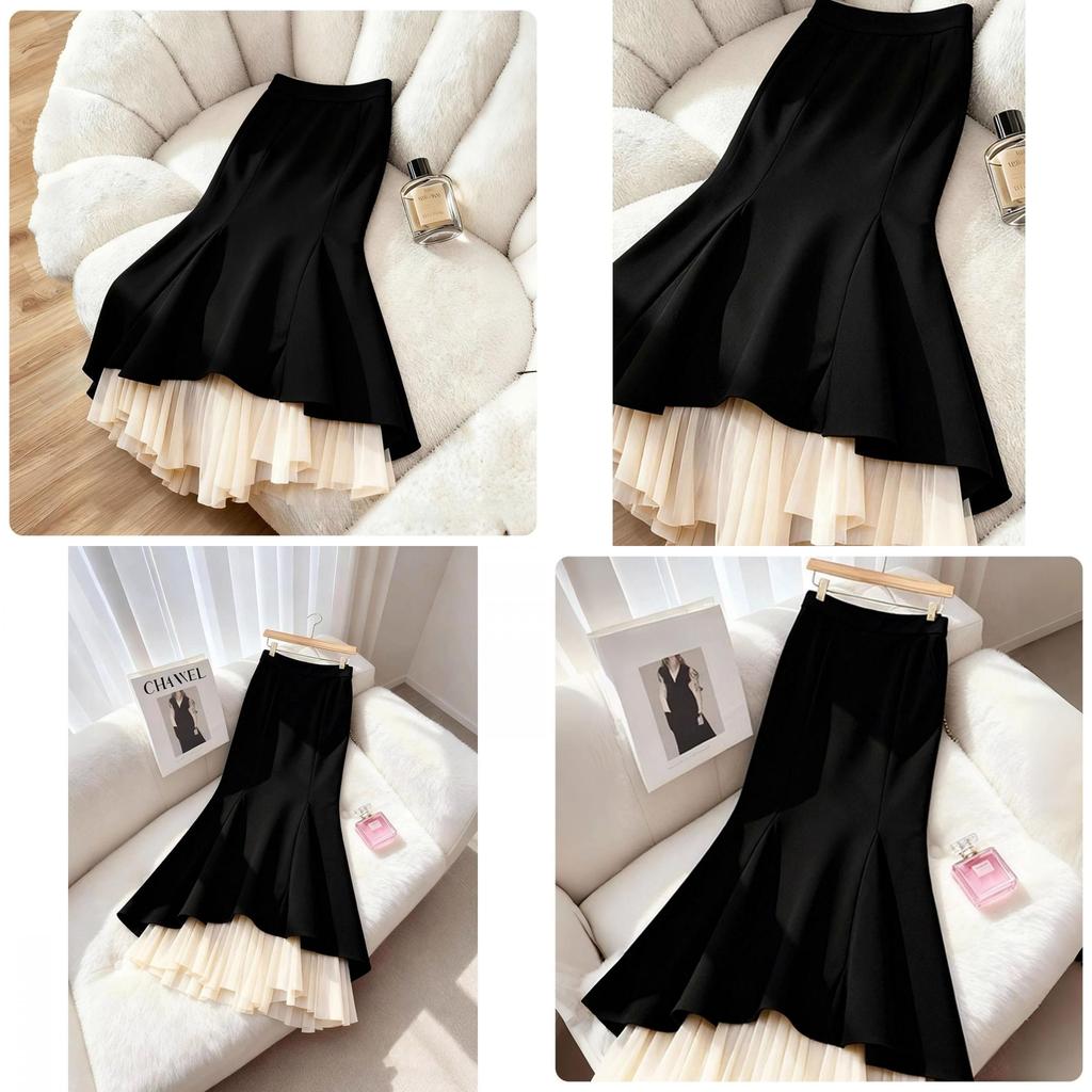 Modern Cotton Blend Womens Long Skirt With Wave Hem And Ruffle Details For Spring Fashion