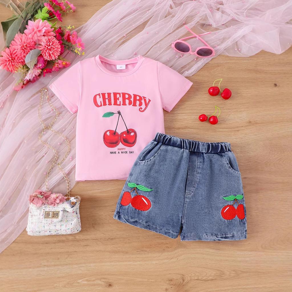Комплект одежды для девочек 2025 года, летняя детская розовая рубашка с короткими рукавами и принтом + шорты