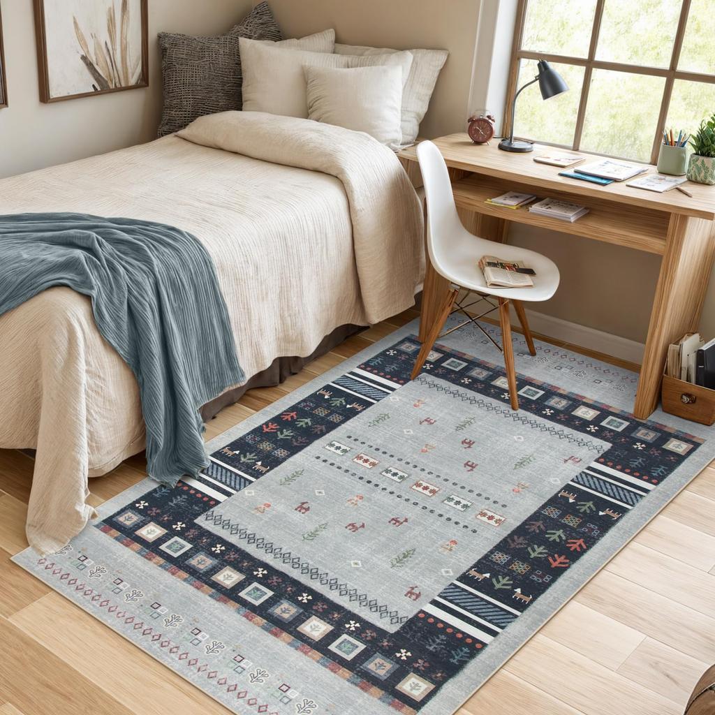 HAOCOO Washable Summer Tatami Mats Ethnic Suitable for All Floor Chenille Rug for Bedrooms and Living Odor Gabbeh Gray Rug, 1.5 (140x200cm), Style,