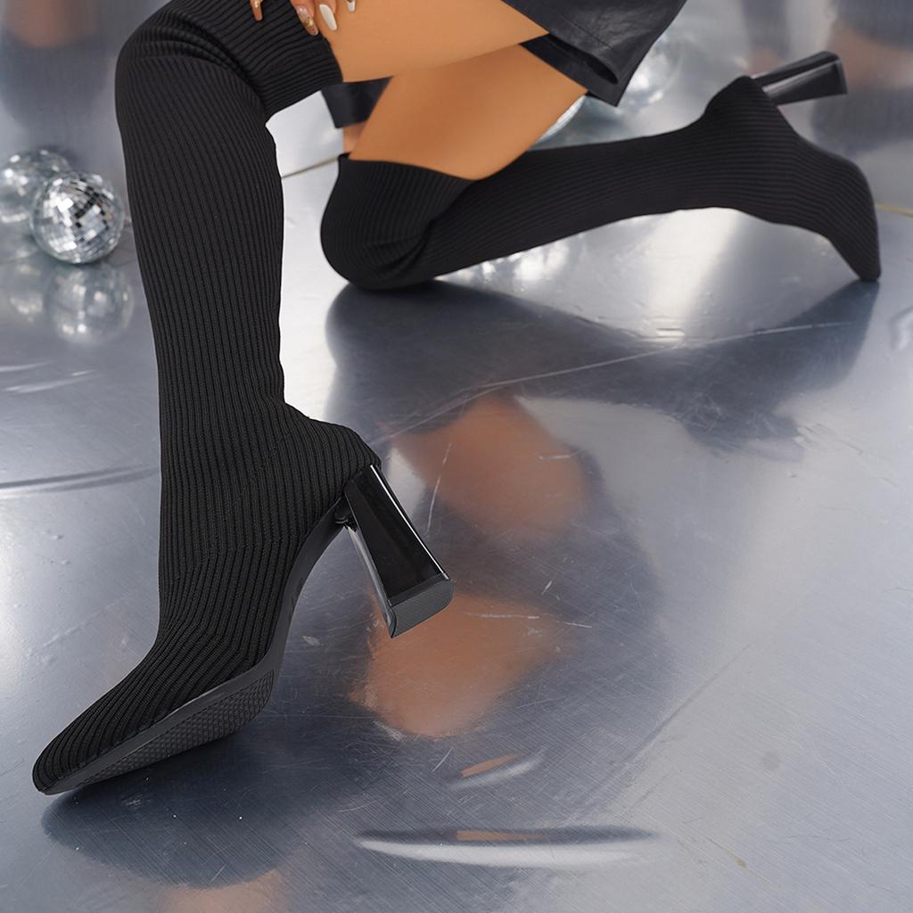 Женские сапоги Осенние эластичные сапоги до колена Женские черные удобные сапоги-трубы до бедра Модные дышащие туфли на каблуках для женщин