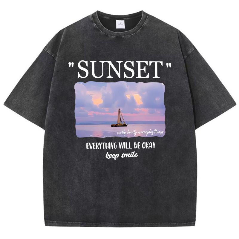 Sunset Everything Will Be Okay Keep Smile T Shirt Men Summer Fashion Short Sleeve Fashion Cool Clothing Soft Loose T-Shirts