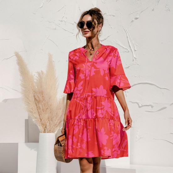 Женское летнее мини-платье с пышными короткими рукавами, V-образным вырезом и плиссировкой, в стиле бохо