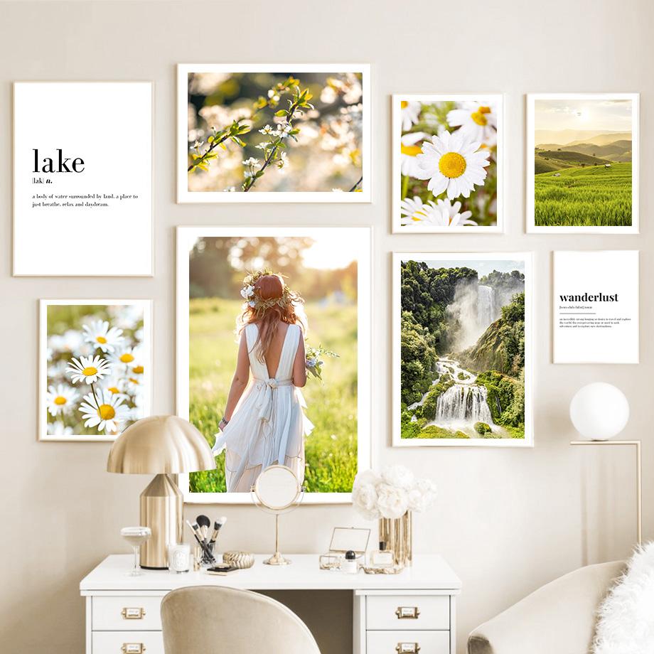 Гора, океан, водопад, девушка, ромашка, цитата, настенная живопись на холсте, постеры на скандинавскую тему и принты, настенные панно для декора гостиной