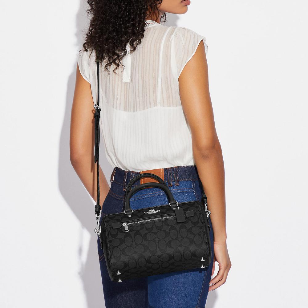 Coach Rowan 27 Classic Monogram Canvas And Leather Boston Pillow Shoulder Crossbody Handbag Medium Women handbags Black Gray 83607-SVTSQ