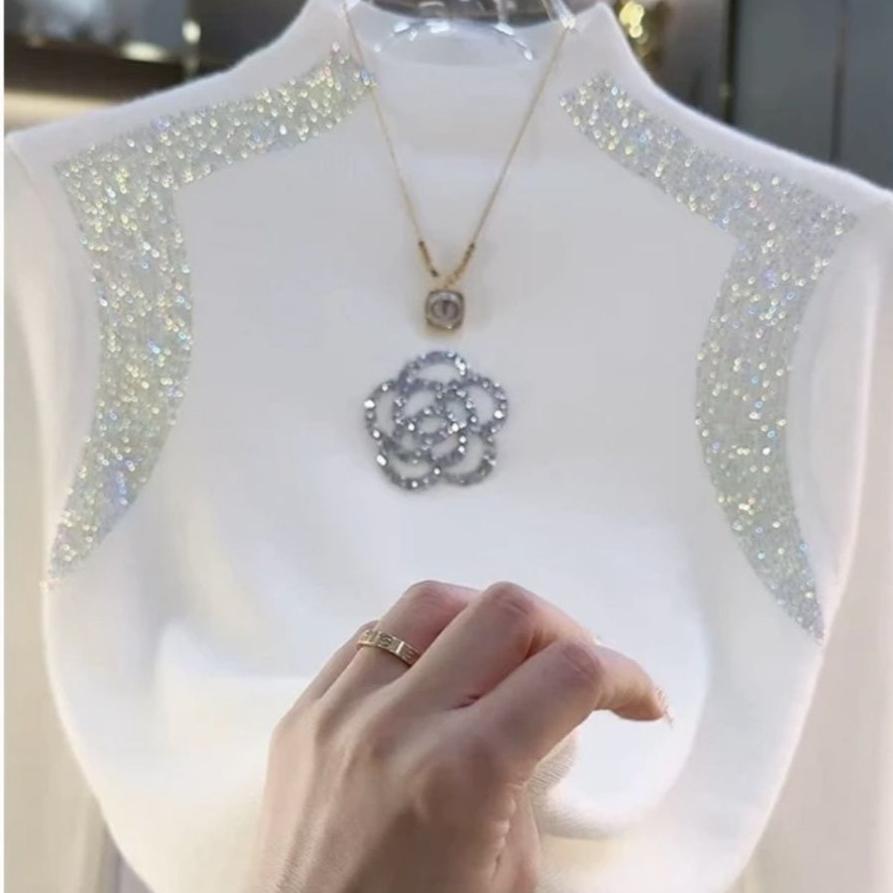 Женский свитер с полувысоким воротником и стразами, однотонный, эластичной вязки, пуловер, осень, зима