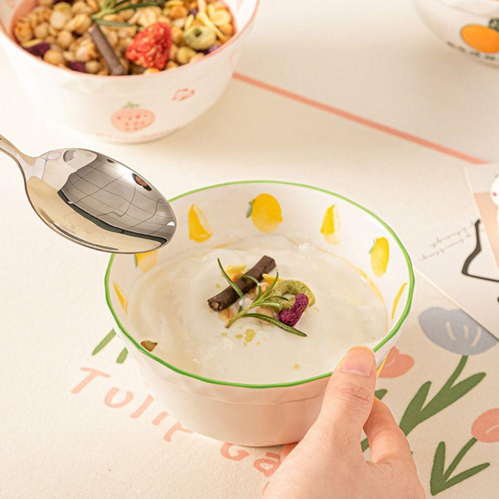 Керамическая миска с рисунком "Кролик и клубника", цветная подглазурная роспись, миска для супа, милая миска для фруктового салата, посуда