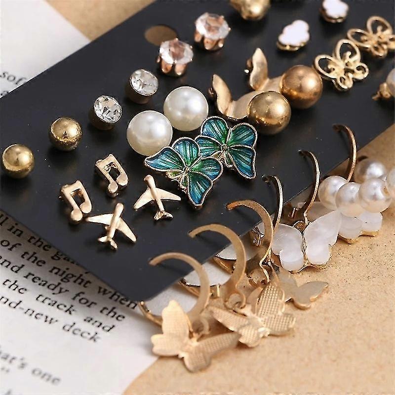 17 Pair Set Retro Imitation Pearls Butterfly Tassel Earrings Heart Rhinestone